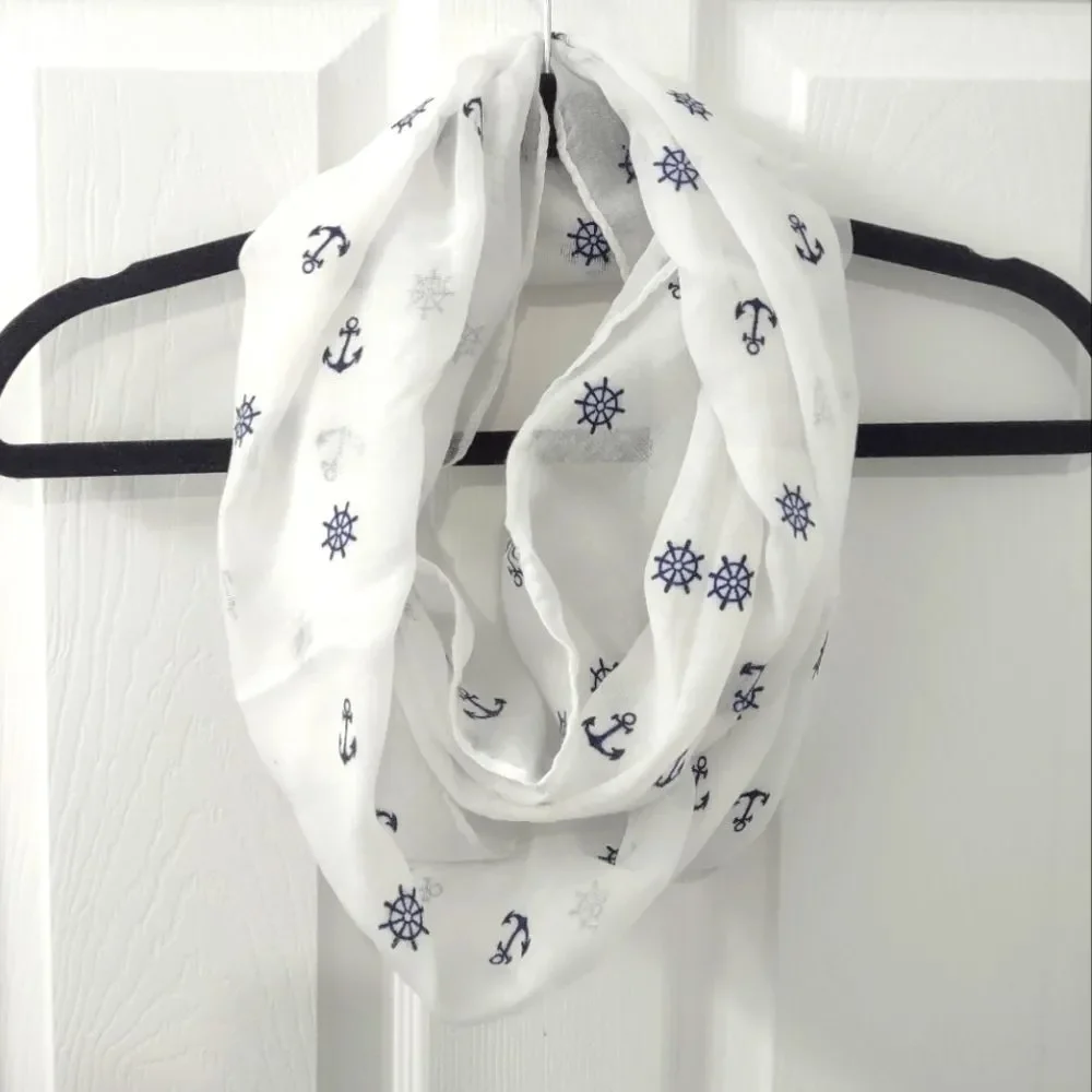 NWOT Nautical Navy Anchors Sheer White Infinity Scarf